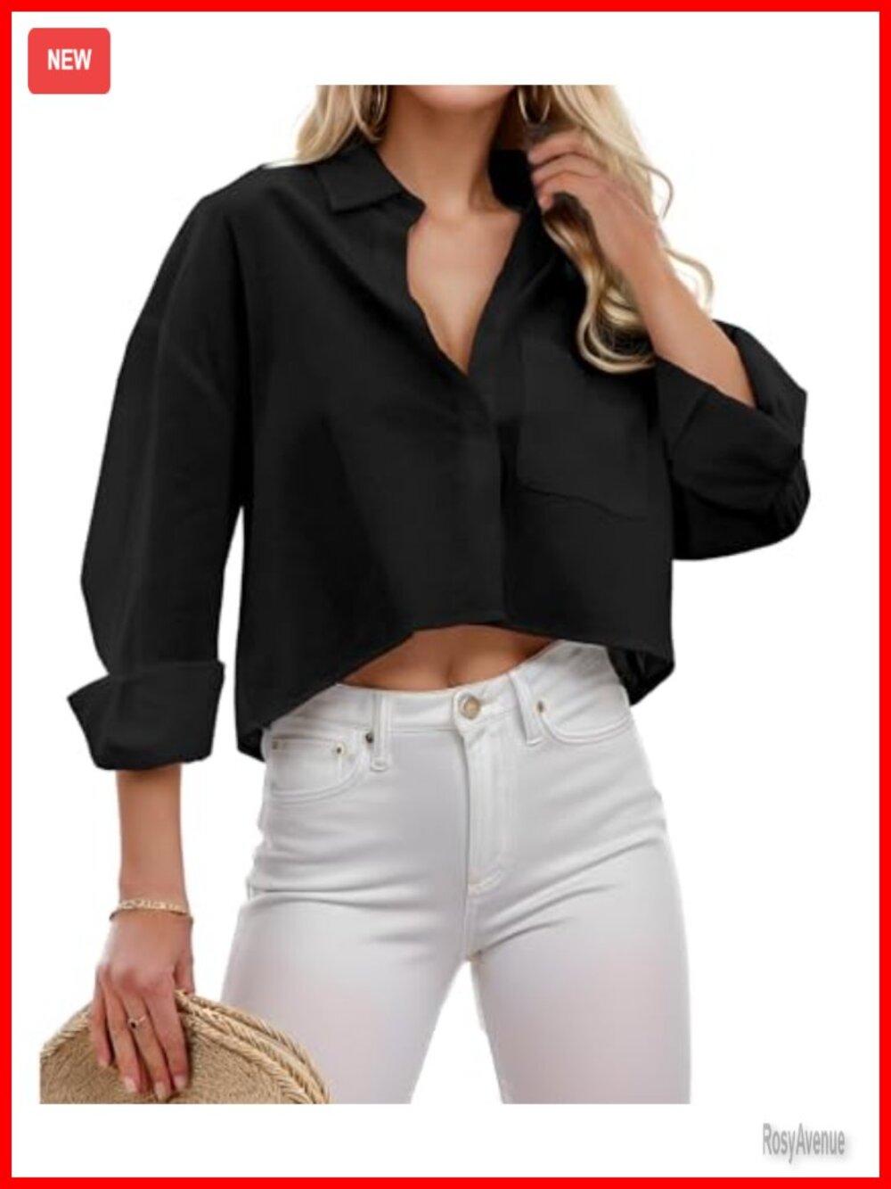 Women Cropped Button Down Shirt Long Sleeve Collared Crop Top with Pocket